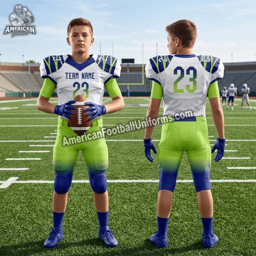 Side profile of AmericanFootballUniforms Pro-Series gear showing reinforced shoulder caps and 4-way stretch mesh panels.
