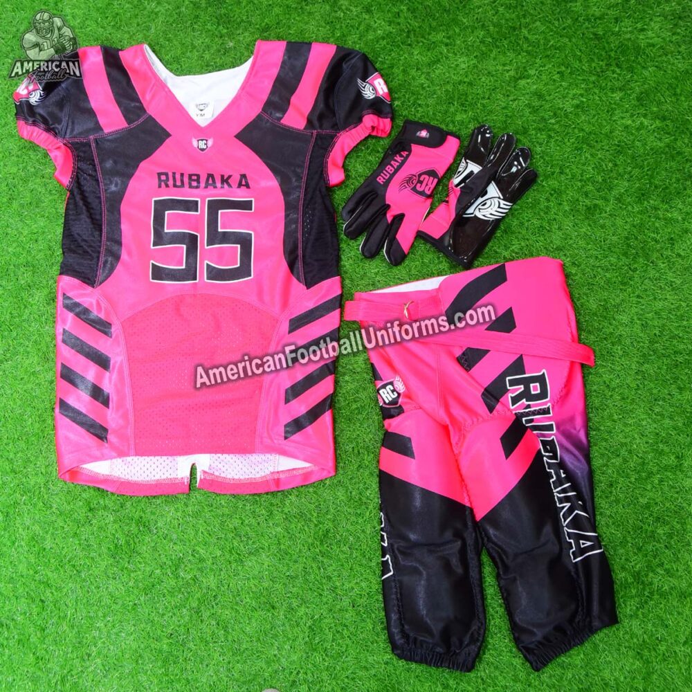 Front view of American Football Uniforms hot pink custom uniform with moisture-wicking fabric and professional fit panels.
