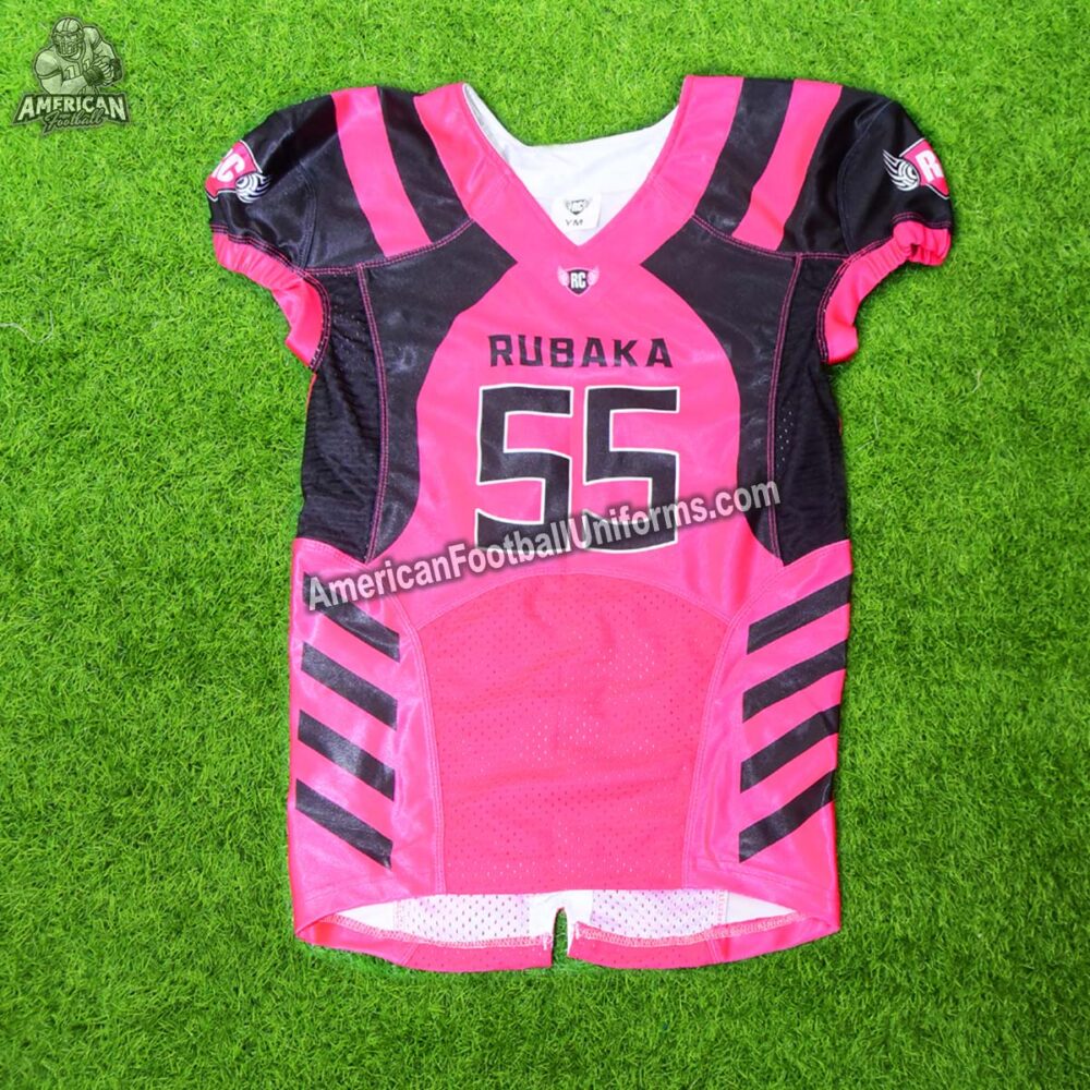 Front view of American Football Uniforms hot pink custom jersey with moisture-wicking fabric and professional fit panels.