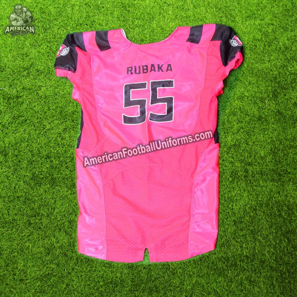 Back view of American Football Uniforms hot pink jersey showing reinforced stitching and high-tension athletic stretch fabric.