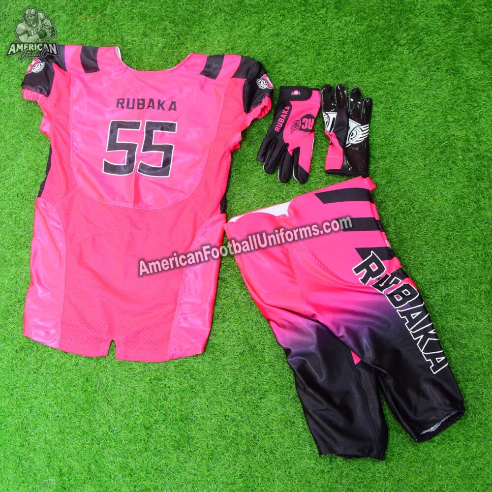 Back view of American Football Uniforms hot pink uniform showing reinforced stitching and high-tension athletic stretch fabric.