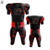 Youth American football uniform set in red and black with integrated padding slots and high-stretch performance spandex.