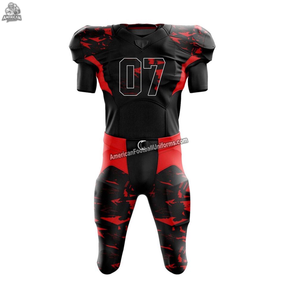 Close-up of a red and black custom football uniform showcasing high-definition sublimation printing and reinforced neck collar.