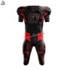 Close-up of a red and black custom football uniform showcasing high-definition sublimation printing and reinforced neck collar.