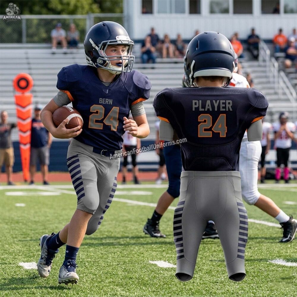 Adult custom American football uniform in a sophisticated grey and navy color scheme featuring reinforced mesh and padding slots.
