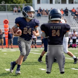 Adult custom American football uniform in a sophisticated grey and navy color scheme featuring reinforced mesh and padding slots.