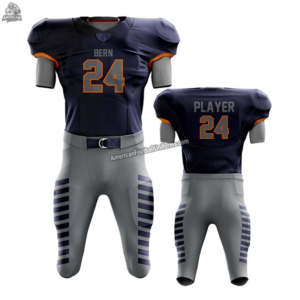 Youth American football uniform set in grey and navy with integrated padding slots and high-stretch performance spandex.