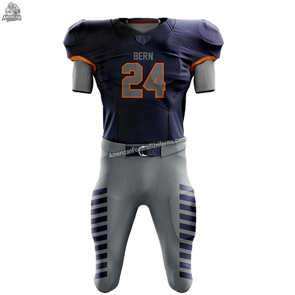 Close-up of a grey and navy custom football uniform showcasing high-definition sublimation printing and precision tackle twill lettering.