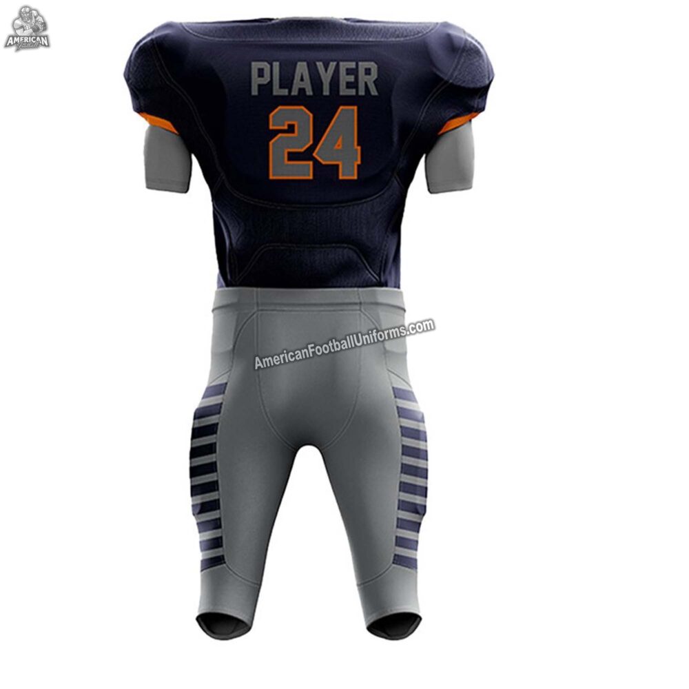 Full view of a custom grey and navy American football uniform including matching pants with reinforced side piping and belt.