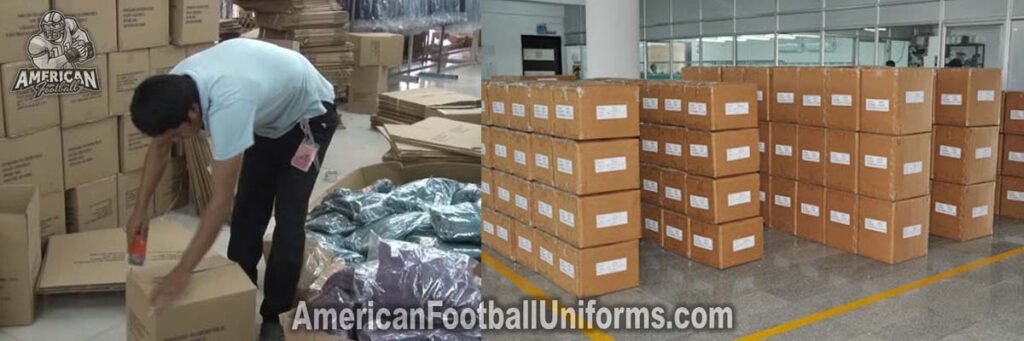 Warehouse view of American Football Uniforms inventory featuring organized storage of custom jerseys, pants, and team gear.