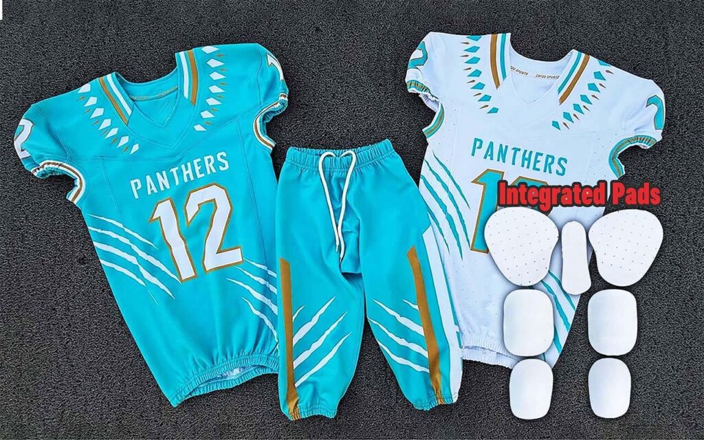 Trending American Football Uniforms featuring premium custom embroidery and tackle twill lettering paired with high-performance pants containing built-in integrated pads.
