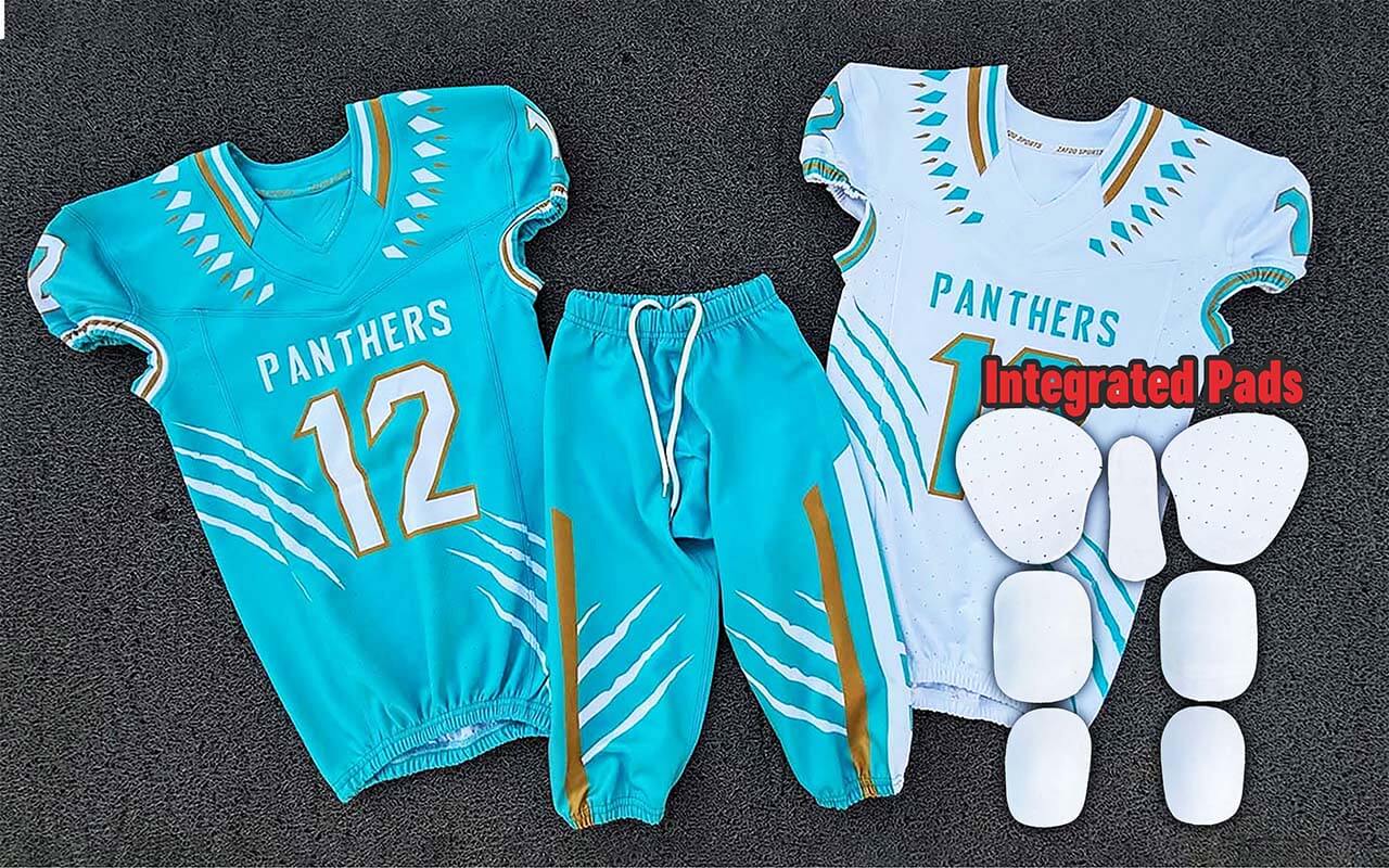 Trending American Football Uniforms featuring premium custom embroidery and tackle twill lettering paired with high-performance pants containing built-in integrated pads.