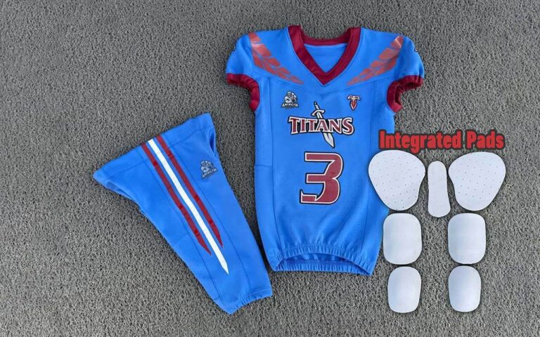 Trending American Football Uniforms featuring custom sublimation jerseys and pants with built-in integrated pads for maximum protection and streamlined performance.