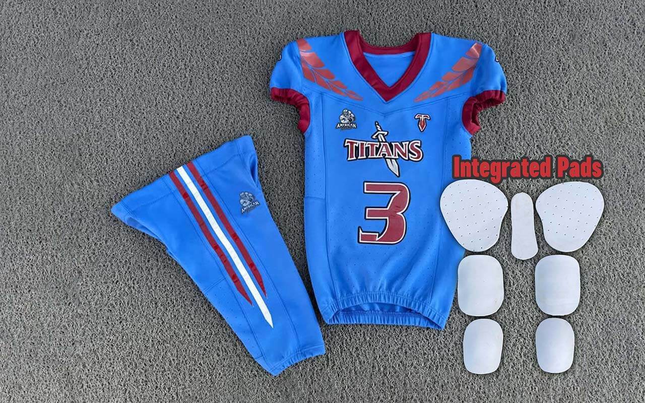 Trending American Football Uniforms featuring custom sublimation jerseys and pants with built-in integrated pads for maximum protection and streamlined performance.